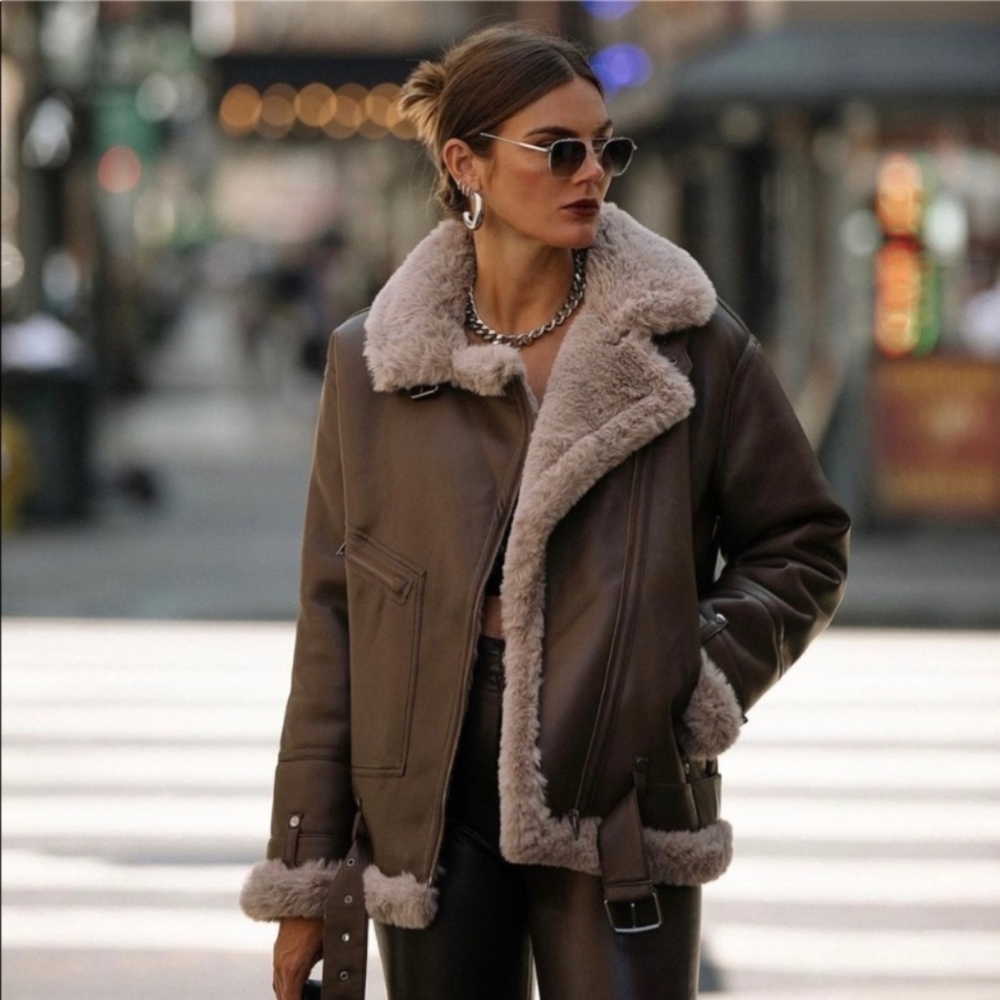 NOIZE Tezza Faux Fur Lined Faux Leather Jacket In Chocolate